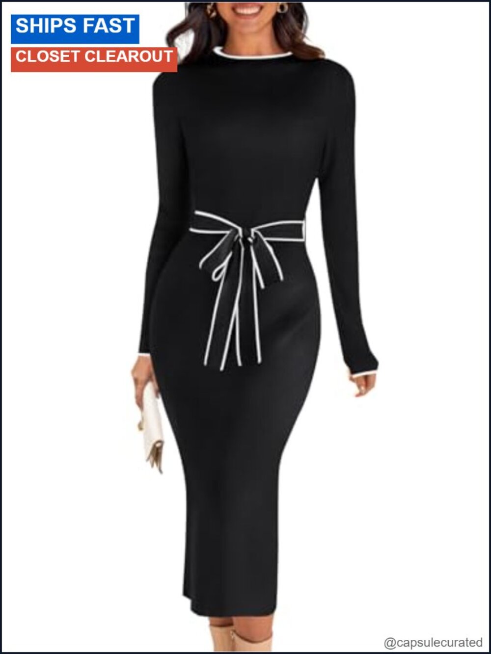 MEROKEETY Women's Long Sleeve Bodycon Tie Waist Midi Sweater Dress Mock Neck